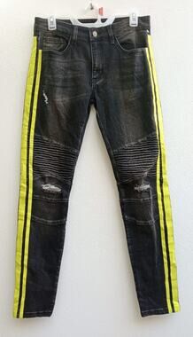 Forever 21 Men’s Jeans Skinny Biker Black Plastic Stripes Yellow Size 31 NWOT